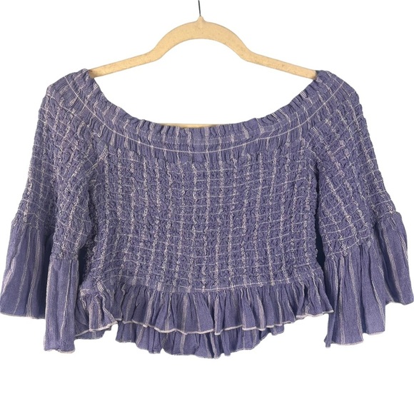 Free People Smock Around Striped Top Off Shoulder Cropped Ruffle Size M Blue - Picture 8 of 8